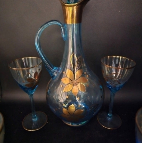 Vintage Romanian Cristo handblown aqua blue Glass, handpainted with 24‎ k gold. - Picture 5 of 10